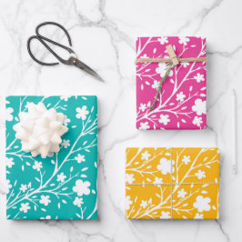 Grüne, gelbe und rosa mehrfarbige Frühlingsblumen Geschenkpapier Set