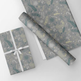 Grüne, gelbe und weiße Blumendoodles in Grau. Geschenkpapier Set