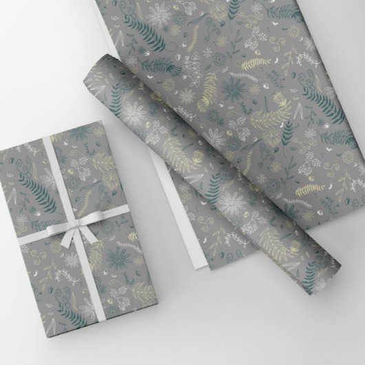 Grüne, gelbe und weiße Blumendoodles in Grau. Geschenkpapier Set