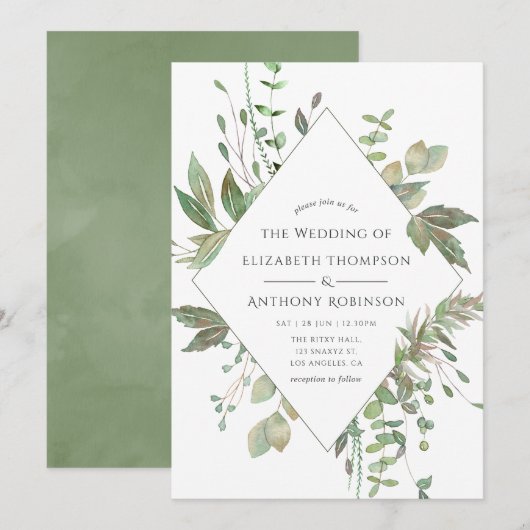 Grüne Geometrische Hochzeit Einladung (Vorne/Hinten)