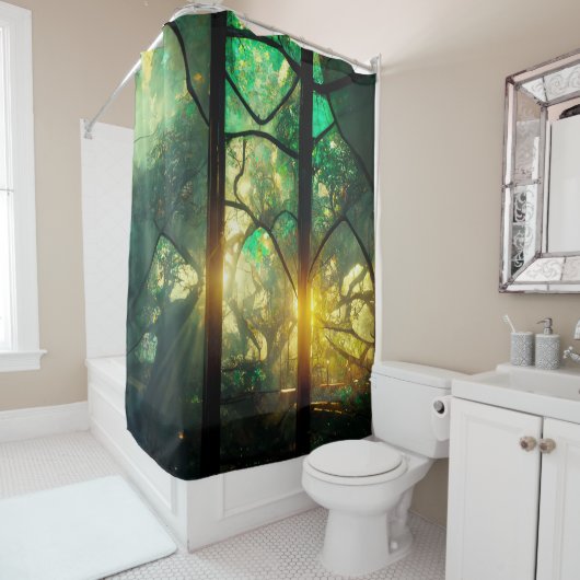 Grüne gestanzte Glaswälder Silberverkleidung Duschvorhang (Beispiel)