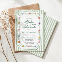 Grüne gestreifte Blumen-Einladung zur Babyparty