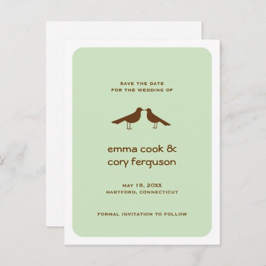 Grüne Gewohnheit Save the Date liebt Vögel flach Ankündigungspostkarte (Vorne/Hinten)