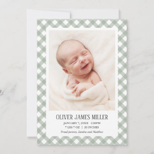 Grüne Gingham-Baby-Geburtsanzeige Fotokarte Ankündigung