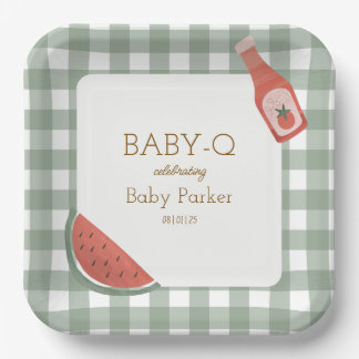 Grüne Gingham-Baby-Q-Quadratplatte Pappteller