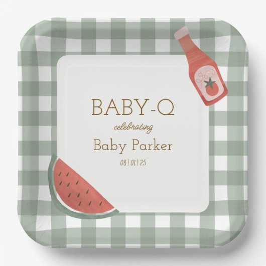 Grüne Gingham-Baby-Q-Quadratplatte Pappteller (Vorderseite)