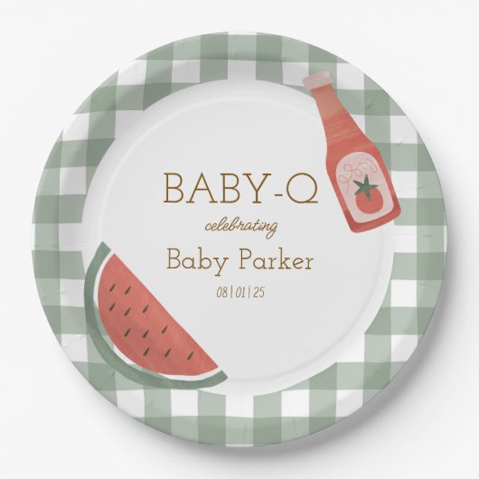 Grüne Gingham Baby-Q Runde Platte Pappteller (Vorderseite)