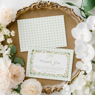 Grüne Gingham-Blumen-Dankeskarten für Baby-Shower Einladung