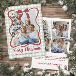 Grüne Gingham-Familienfoto-Weihnachten Feiertagskarte