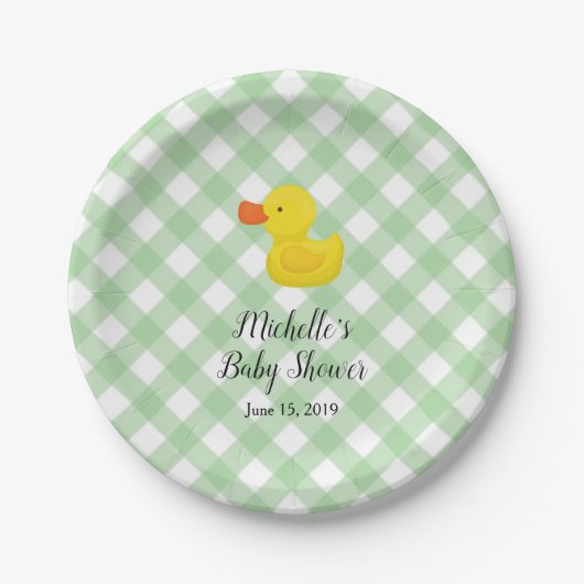 Grüne Gingham-Gummiente Baby Shower Pappteller (Vorderseite)