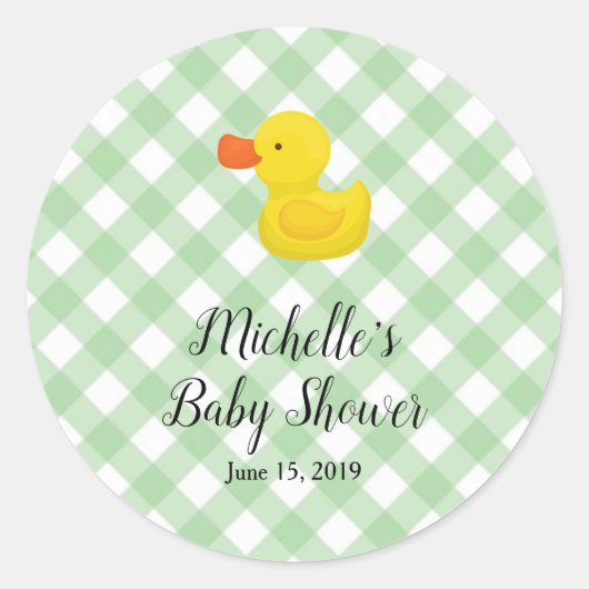 Grüne Gingham-Gummiente Baby Shower Runder Aufkleber (Vorderseite)
