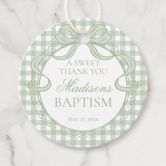 Grüne Gingham-Kokette-Bogen-Taufe-Kreis Geschenkanhänger (Vorderseite)