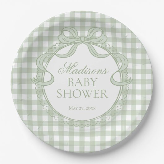 Grüne Gingham-Kokette-Bow-Baby-Party Pappteller (Vorderseite)