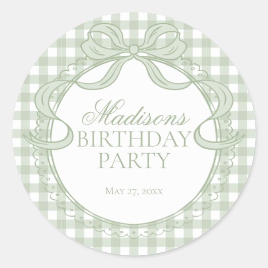 Grüne Gingham-Kokette-Bow-Birthday-Siegel Runder Aufkleber (Vorderseite)