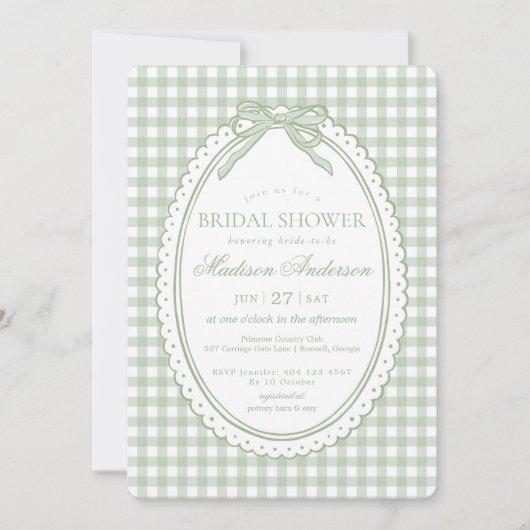 Grüne Gingham-Kokette-Bow-Bridal-Shower Einladung (Vorderseite)