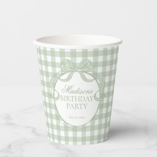 Grüne Gingham-Kokette-Bow-Bridal-Shower Pappbecher (Vorderseite)