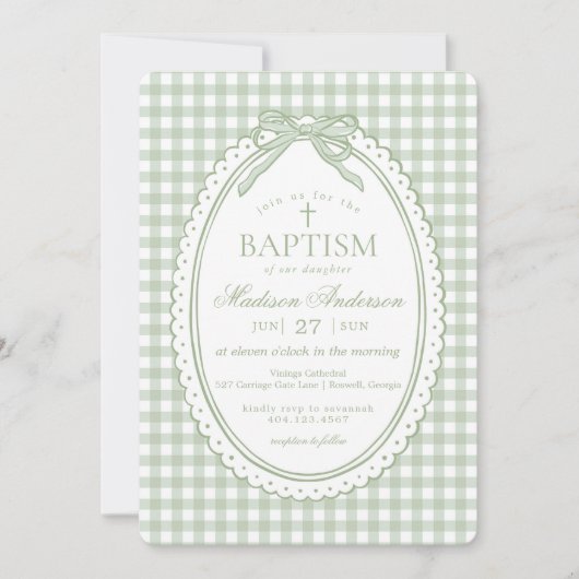 Grüne Gingham Kokette Schleife Taufe Einladung (Vorderseite)