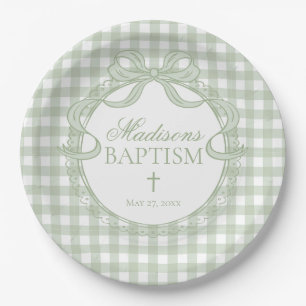 Grüne Gingham Kokette Schleife Taufe Pappteller