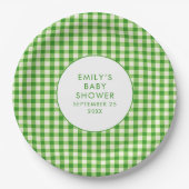 Grüne Gingham Name Babydusche Pappteller (Vorderseite)