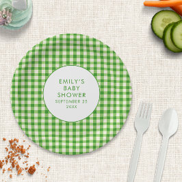 Grüne Gingham Name Babydusche Pappteller