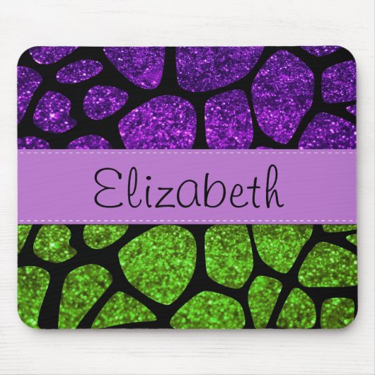 Grüne Giraffe, Lila Giraffe, Glitzer, Ihr Name Mousepad (Vorne)