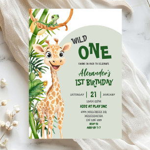 Grüne Giraffe Wild One Safari Erster Geburtstag Einladung