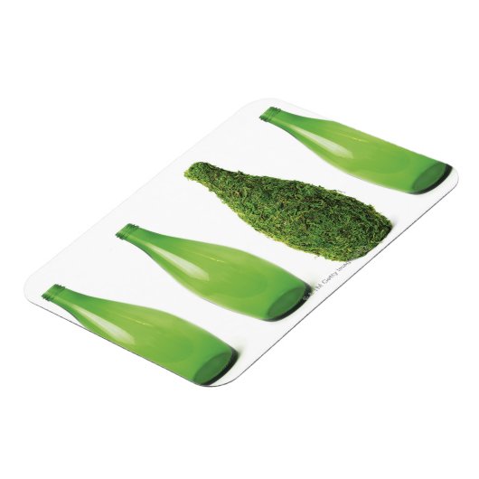 Grüne Glasflaschen mit recycelnd und Magnet (Linke Seite)