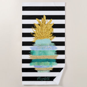 Grüne Glitter-Ananas Schwarz-Weiß-Streifen Strandtuch