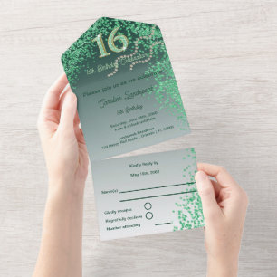 Grüne Glitter-Calligraphy-Nummer Sweet 16 All In One Einladung