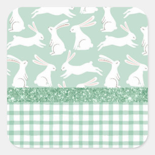 Grüne Glitter-Gingham-Karo-Kaninchen Quadratischer Aufkleber