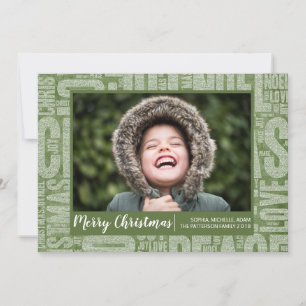 Grüne Glitter-Weihnachtsworte Feiertags-Fotokarte Feiertagskarte