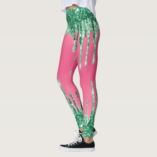 Grüne Glitzer Chic Pink Watermelon Farbe Leggings (Links)
