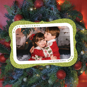Grüne Glitzer-Rahmen-Foto-Familien-Weihnachtskarte Feiertagskarte