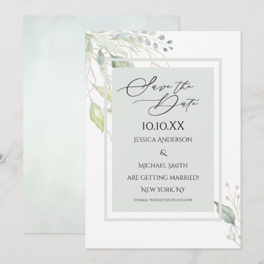 Grüne Gold Botanische Blätter Save the Date Einladung (Vorne/Hinten)