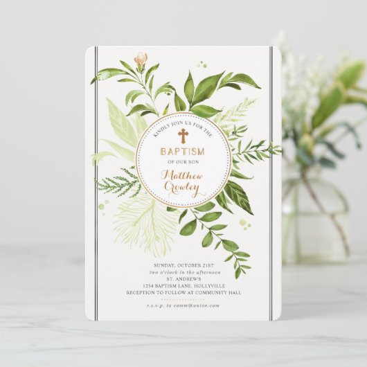 Grüne Gold Circle Taufe Einladung (Stehend Vorderseite)