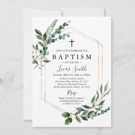 Grüne Gold Cross Taufen Einladung Christening (Vorderseite)