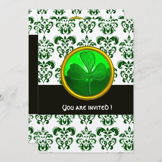 GRÜNE GOLD DAMASK MIT KLEEBLATT, Schwarz-weiß Einladung (Vorne/Hinten)