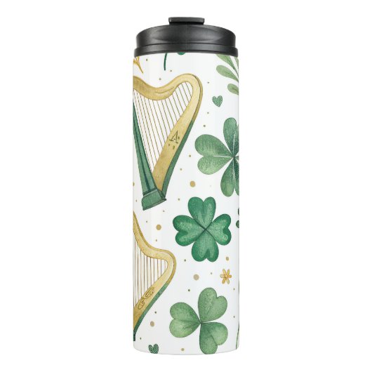 GRÜNE & GOLD IRISH KLEEBLATTS & HARPS THERMOSBECHER (Vorderseite)