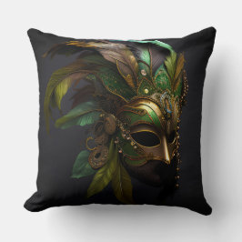 GRÜNE & GOLD MARDI GRAS MASK & FEATHERS KISSEN