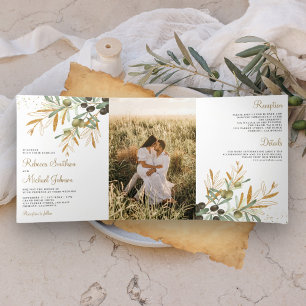 Grüne Gold Olivenblätter Zweig Foto Hochzeit Dreifach Gefaltete Einladung