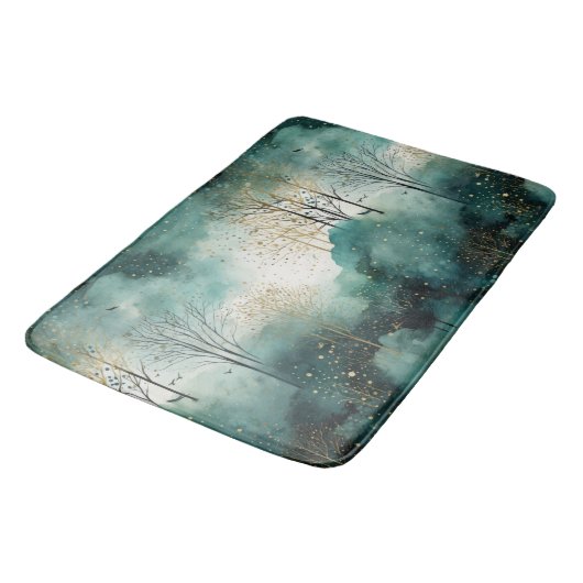 Grüne Goldbäume mit Vögeln Weihnachten Badematte (Schrägansicht)