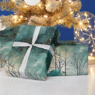 Grüne Goldbäume mit Vögeln Weihnachten Geschenkpapier