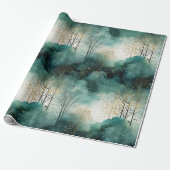 Grüne Goldbäume mit Vögeln Weihnachten Geschenkpapier (Ungerollt)