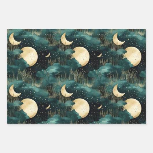 Grüne Goldbäume mit Vögeln Weihnachten Geschenkpapier Set (Vorderseite 3)