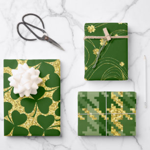 GRÜNE & GOLDEME GLITZEROPTIK IRISCHE SHAMROCKS GESCHENKPAPIER SET