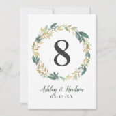Grüne goldene Blumengrün Hochzeitsfeier Tischnumme Einladung (Vorderseite)