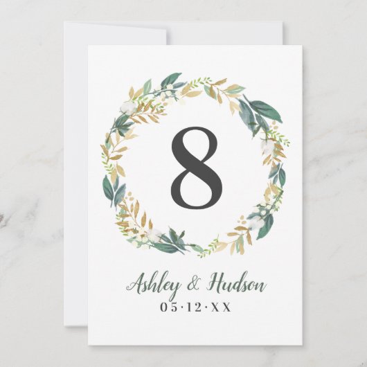 Grüne goldene Blumengrün Hochzeitsfeier Tischnumme Einladung (Vorderseite)