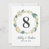 Grüne goldene Blumengrün Hochzeitsfeier Tischnumme Einladung (Rückseite)