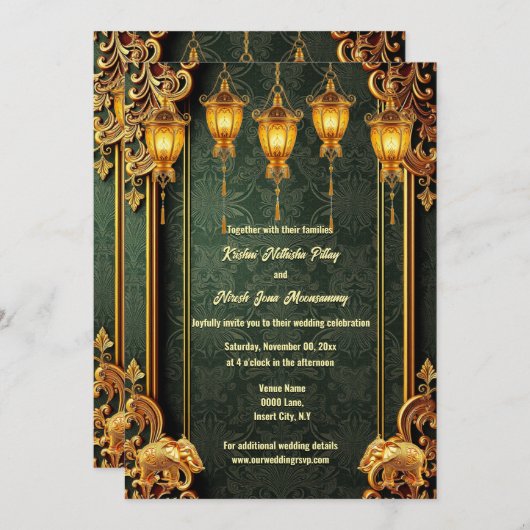 Grüne goldene Indianerelefanten Laternen Blumenges Einladung (Vorne/Hinten)