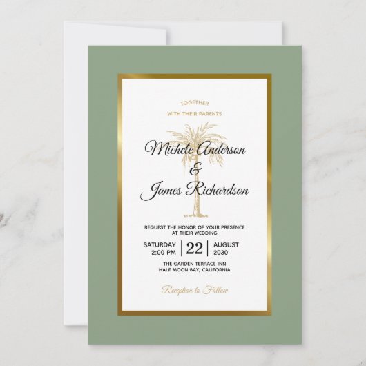 Grüne goldene Palme tropische Hochzeit Einladung (Vorderseite)